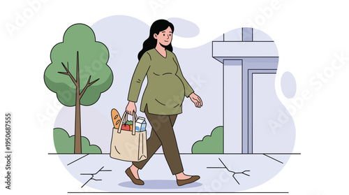 Happy Pregnant Woman Walking Outdoors with Reusable Grocery Bag, Promoting Healthy Lifestyle and Sustainable Shopping