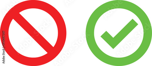 A red forbidden sign and a green check mark symbol isolated on a plain white background surface Vector