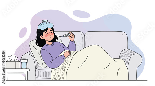 Young woman with fever and ice pack on head checking thermometer, resting on sofa under blanket at home due to sickness, feeling unwell illustration.