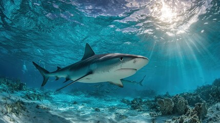 Great white shark swimming in deep blue ocean water