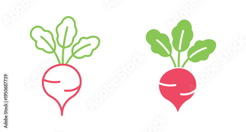 Radish icon set. Fresh radish root with leaves, organic vegetable, healthy food and farming concept. Vector illustration.