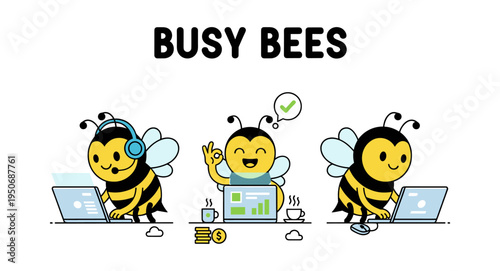 Three cartoon bees working diligently on laptops, one providing support, one handling finances, and one focusing on data entry