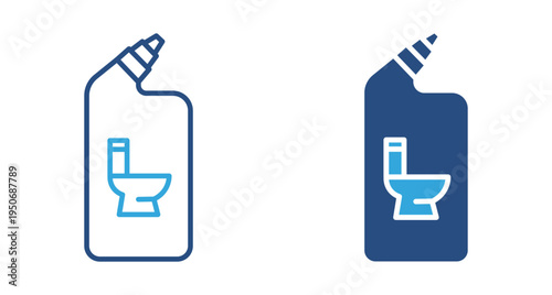 Toilet cleaner icon set. Cleaning liquid bottle with toilet symbol, bathroom sanitation, hygiene product and household cleaning concept. Vector illustration.