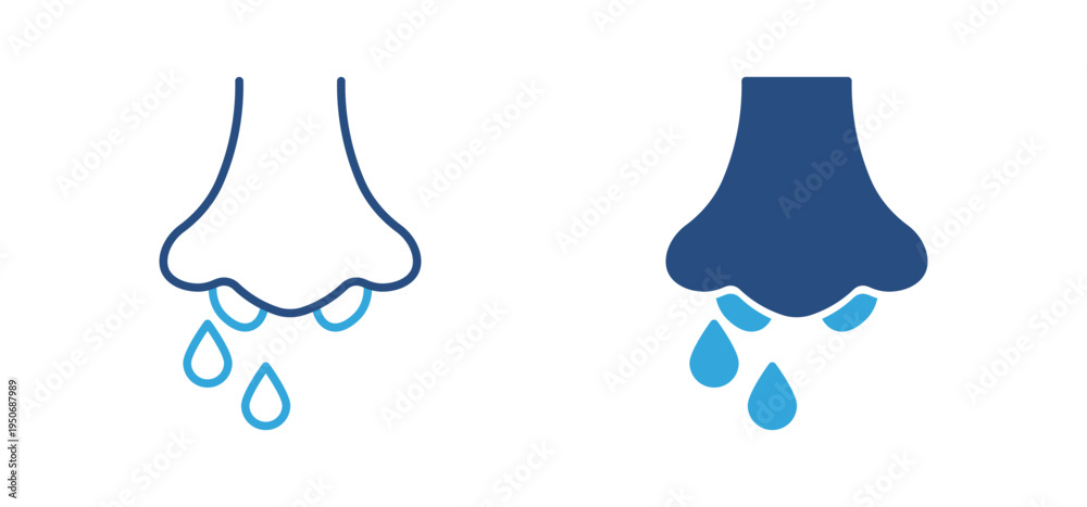 Obraz premium Runny nose icon set. Human nose with dripping drops, cold flu symptom and health illness concept. Vector illustration.
