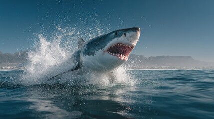 Great white shark leaping out of the water with open jaws