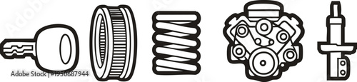 Collection of automotive parts icons including engine spark plug spring and key for mechanical or repair concepts isolated on white