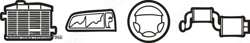 Collection of automotive part icons including radiator headlight steering wheel and exhaust system for vehicle maintenance and repair concepts