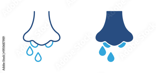 Runny nose icon set. Human nose with dripping drops, cold flu symptom and health illness concept. Vector illustration.