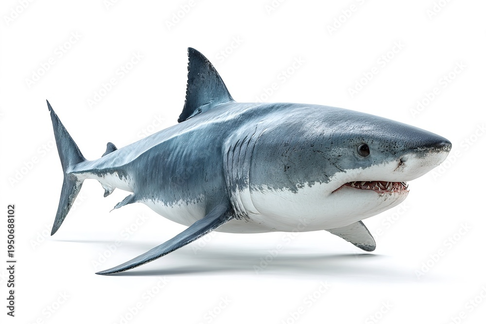 Fototapeta premium Great white shark side view, isolated on white background