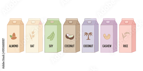 Plant-based milk cartons presenting various dairy-free alternatives including almond, oat, soy, coconut, cashew, and rice