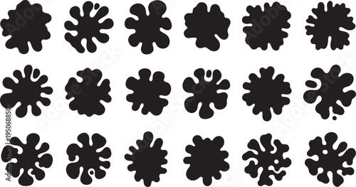 A collection of 18 unique black floral shapes arranged in three rows on a white background for design and pattern use