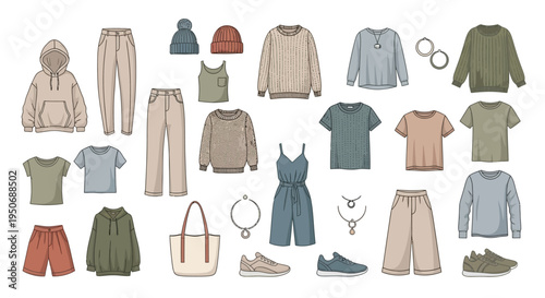 Collection of casual clothing and accessories.