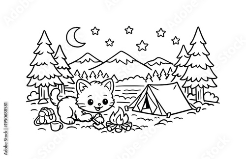 Happy puppy digging in a sandy beach with a little bucket and shovel, seashells scattered around, gentle ocean waves behind and