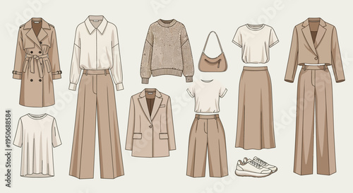 Collection of neutral colored clothing items.