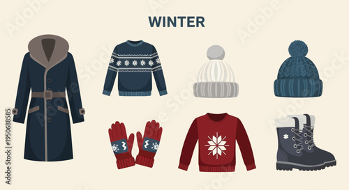 Winter clothing and accessories for cold weather.
