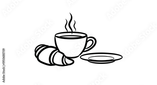 a simple black and white outline illustration of a steaming coffee cup with a fresh croissant and saucer perfect for breakfast cafe menus