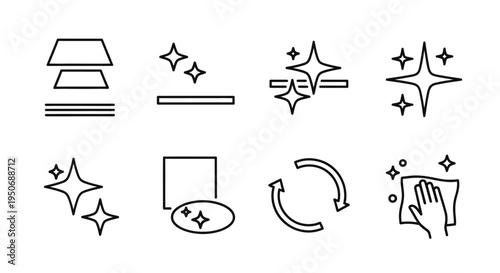 a set of simple cleaning icons illustrating sparkle shine and hygiene featuring wiping and refresh symbols for web and app design.