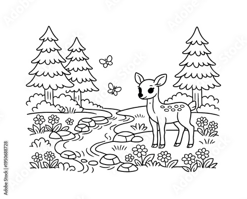 Gentle deer standing in a peaceful forest clearing with tall pine trees, wildflowers blooming around, a small stream flowing