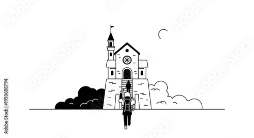 a solitary traveler climbing steps to a majestic church embarking on a spiritual journey under the moon.