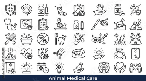 Pet health support symbols and clinical treatment elements associated with maintaining animal wellbeing and medical attention