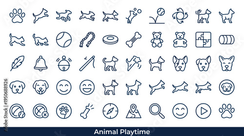 Domestic animal entertainment symbols and playful activity elements associated with stimulating fun and movement for pets