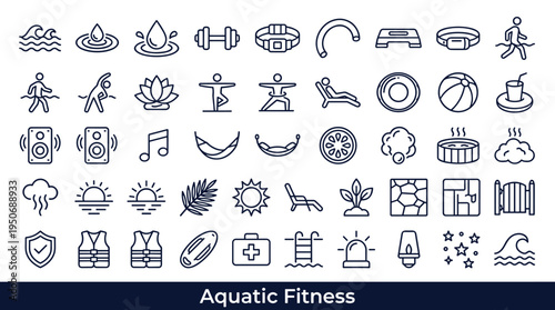 Water sport recreation symbols and aquatic fitness elements connected with swimming routines and leisure in pools represented as