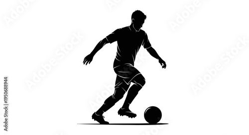 a male soccer player silhouette dribbling a football demonstrating agility and skill in a dynamic athletic pose on white.
