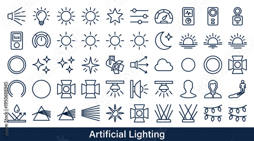 visibility atmosphere and visual effects represented as clean line icons; forty unique icons: light beam rays icon, glowing bulb