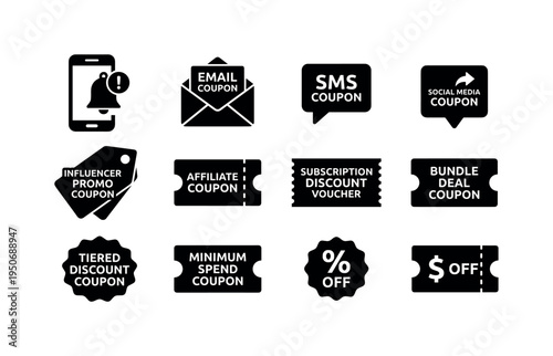 Mobile app coupon notification bell, email coupon envelope, SMS coupon message bubble, social media coupon share icon, influencer