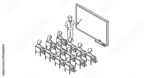 a male teacher instructing students in a classroom pointing at a whiteboard in this isometric illustration for education.