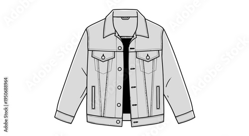 a mens casual denim jacket technical flat fashion sketch with button-front closure on a white background perfect for apparel templates and design.