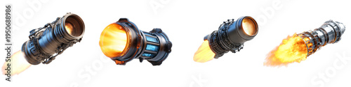 3D Rocket Thruster Engine Flame Effect Set Futuristic Jet Propulsion Fire Blast Sci Fi Technology Collection Isolated on transparent background
