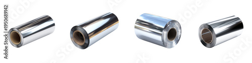 3D Shiny Metallic Film Rolls Industrial Packaging Material Aluminum Foil and Plastic Wrap Collection Isolated on transparent background