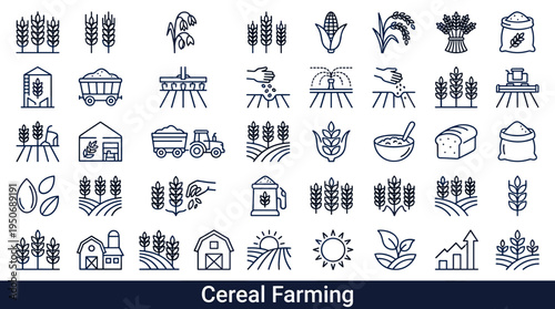 Agricultural cereal production symbols and rural crop yield elements associated with growing collecting and storing grain