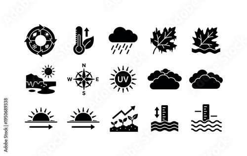 Annual climate cycle icon, spring temperature outlook symbol, summer rainfall outlook icon, autumn frost forecast symbol, winter