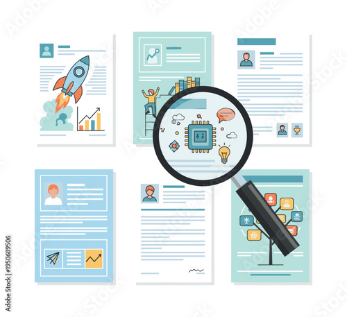Magnifying glass examining various candidate resumes adorned with skill icons, representing thorough HR assessment and job search review