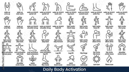 Daily body activation movements designed to gently wake the muscles boost circulation and start the day with energy represented as