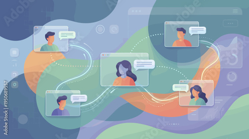semi flat vector illustration of abstract remote meeting environment with layered panels representing video call participants