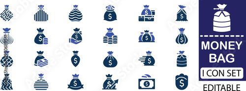 money bag icon set - solid icon collection vector illustration design. A money bag is a symbol of wealth and prosperity, representing stored value, financial security, and the rewards of hard work.