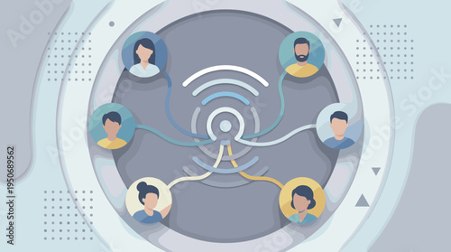 semi flat vector illustration of abstract virtual meeting environment with participant avatars distributed across layered shapes