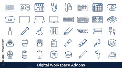 Everyday digital workstation add ons such as interface tools, media gear and desk tech companions illustrated as clean outline