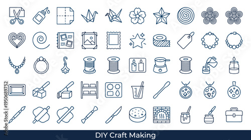 Creative DIY making processes and decorative handmade production symbols represented as clean line icons associated with crafting