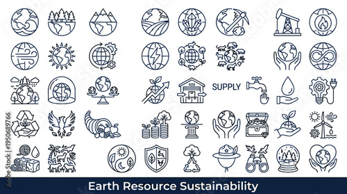 Earth resource abundance symbols and environmental supply elements associated with materials energy and ecosystems supporting life