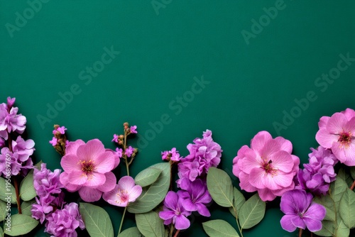 A vibrant arrangement of purple flowers rests elegantly on a rich green background. Perfect for nature lovers and floral designs. Ideal for use in various art and decor projects. AI