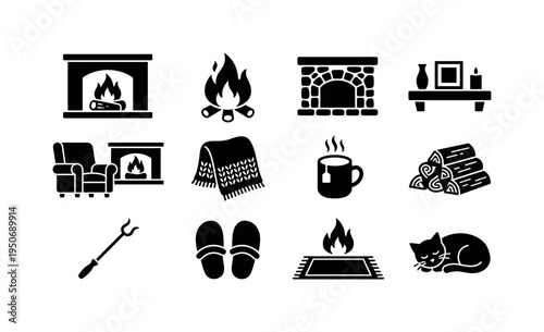 Fireplace with blazing logs icon, crackling fire flame symbol, stone hearth silhouette, mantel shelf decor icon, armchair by