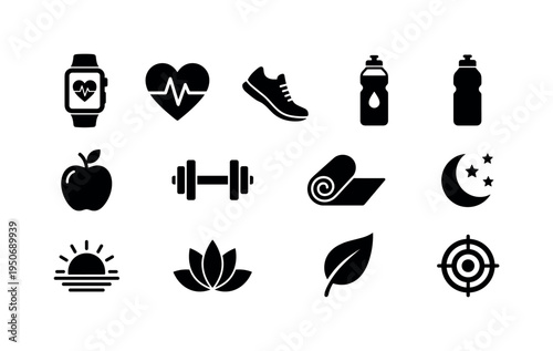Fitness smartwatch display, heart pulse icon, step counter shoe print, water bottle hydration, healthy apple fruit, dumbbell