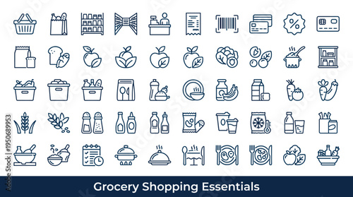 Food retail consumption symbols and everyday grocery shopping elements associated with household provisioning represented as clean