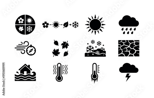 Four quadrant season icon, blossom to snow transition symbol, sun intensity seasonal icon, rainfall seasonal forecast symbol, wind
