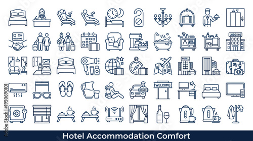 Hospitality lodging comfort symbols and temporary stay elements associated with accommodation services for travelers represented