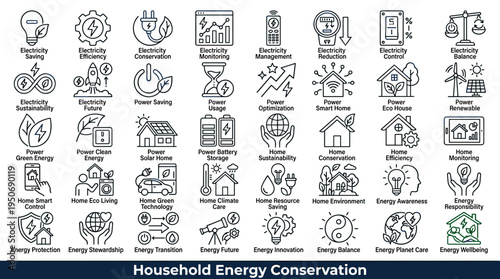 Household electricity conservation symbols and sustainable domestic power use elements associated with reducing energy consumption